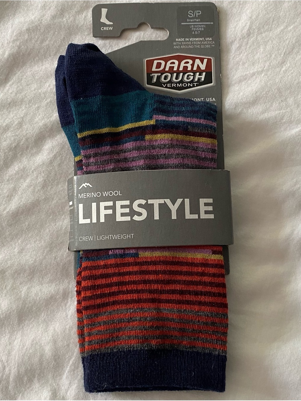 DARN TOUGH Socks Women's S (4.5-7) Stripe Crew Lightweight Merino Wool Made USA